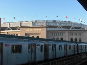 Yankee Stadium in the background of the #4 train.